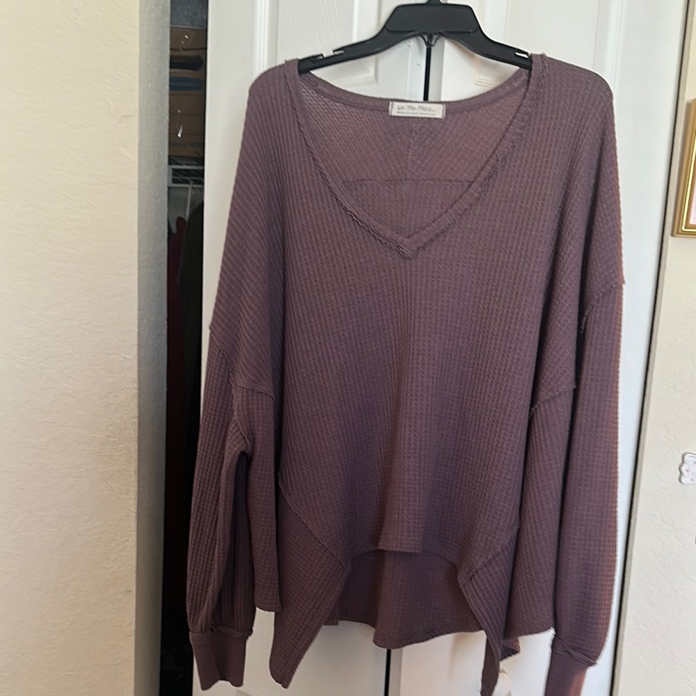 Free People Purple V-Neck Waffle Knit Sweater